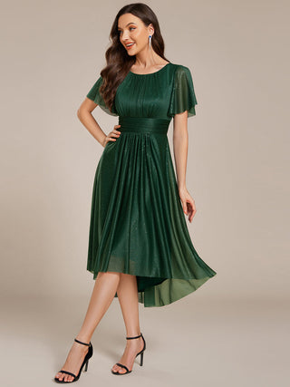 Short Sleeves Pleated Ruffle Round Neck Asymmetrical Midi Wedding Guest Dress