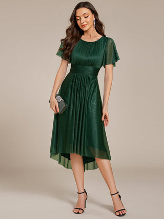 Short Sleeves Pleated Ruffle Round Neck Asymmetrical Midi Wedding Guest Dress