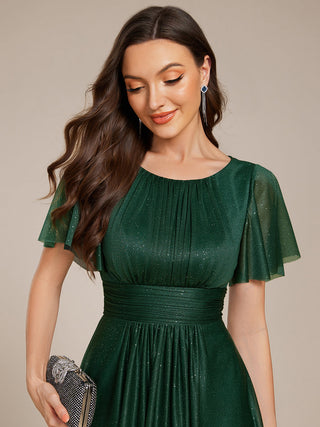 Short Sleeves Pleated Ruffle Round Neck Asymmetrical Midi Wedding Guest Dress