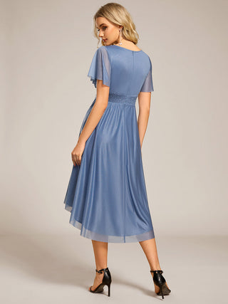 Short Sleeves Pleated Ruffle Round Neck Asymmetrical Midi Wedding Guest Dress