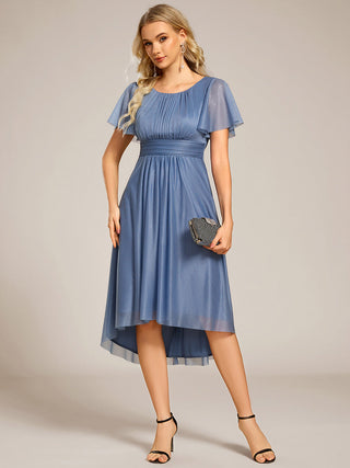 Short Sleeves Pleated Ruffle Round Neck Asymmetrical Midi Wedding Guest Dress