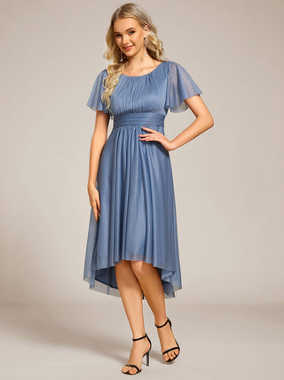 Short Sleeves Pleated Ruffle Round Neck Asymmetrical Midi Wedding Guest Dress
