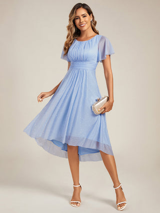 Short Sleeves Pleated Ruffle Round Neck Asymmetrical Midi Wedding Guest Dress