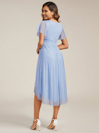 Short Sleeves Pleated Ruffle Round Neck Asymmetrical Midi Wedding Guest Dress