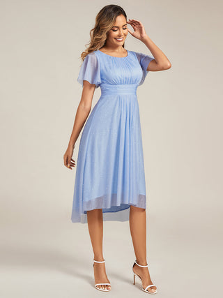 Short Sleeves Pleated Ruffle Round Neck Asymmetrical Midi Wedding Guest Dress
