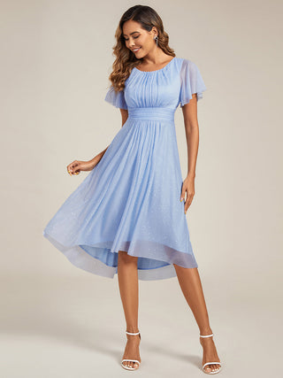 Short Sleeves Pleated Ruffle Round Neck Asymmetrical Midi Wedding Guest Dress