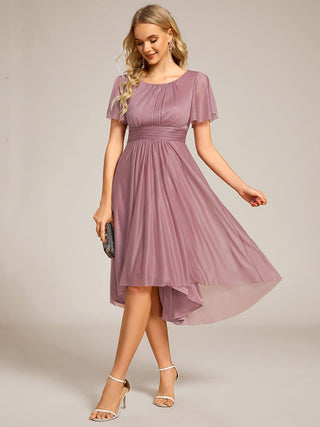 Short Sleeves Pleated Ruffle Round Neck Asymmetrical Midi Wedding Guest Dress