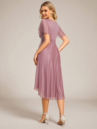Short Sleeves Pleated Ruffle Round Neck Asymmetrical Midi Wedding Guest Dress
