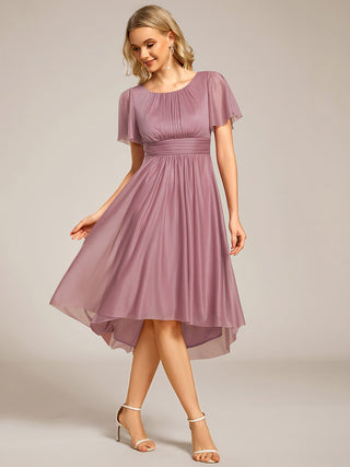 Short Sleeves Pleated Ruffle Round Neck Asymmetrical Midi Wedding Guest Dress