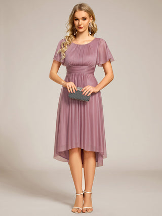 Short Sleeves Pleated Ruffle Round Neck Asymmetrical Midi Wedding Guest Dress
