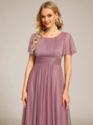 Short Sleeves Pleated Ruffle Round Neck Asymmetrical Midi Wedding Guest Dress