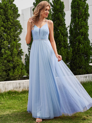 Exquisite Beaded V Neck See-through Regular fold stream Tulle Wedding Dresses
