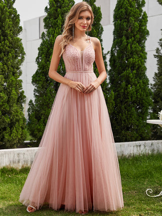 Exquisite Beaded V Neck See-through Regular fold stream Tulle Wedding Dresses