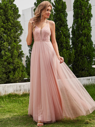 Exquisite Beaded V Neck See-through Regular fold stream Tulle Wedding Dresses