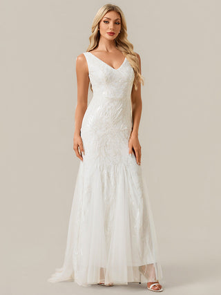 Strapless High Stretch Sequin Floral Fishtail V-Neck Wedding Dresses