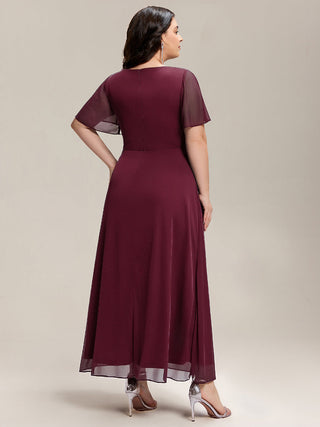 Short Sleeve Ruffle Deep V-Neck A-Line Maxi Dress with Slit Mother of the Bride Dresses