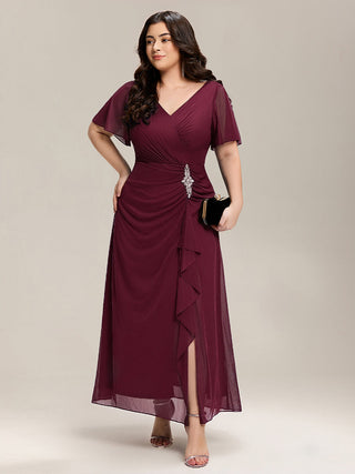 Short Sleeve Ruffle Deep V-Neck A-Line Maxi Dress with Slit Mother of the Bride Dresses