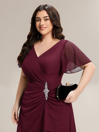 Plus Size Short Sleeve Ruffled Deep V Neck A-Line Slit Maxi Dress for Mother of the Bride