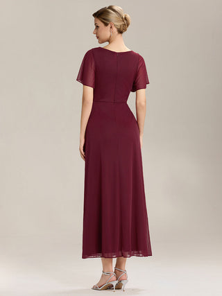 Short Sleeve Ruffle Deep V-Neck A-Line Maxi Dress with Slit Mother of the Bride Dresses