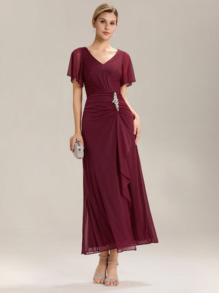 Short Sleeve Ruffle Deep V-Neck A-Line Maxi Dress with Slit Mother of the Bride Dresses