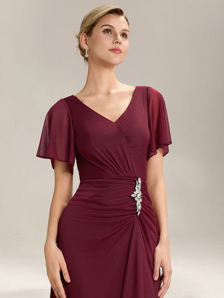 Short Sleeve Ruffle Deep V-Neck A-Line Maxi Dress with Slit Mother of the Bride Dresses