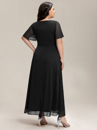 Short Sleeve Ruffle Deep V-Neck A-Line Maxi Dress with Slit Mother of the Bride Dresses