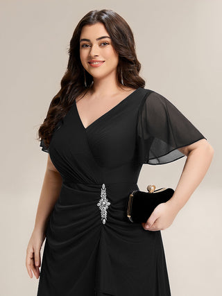 Plus Size Short Sleeve Ruffled Deep V Neck A-Line Slit Maxi Dress for Mother of the Bride