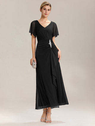Short Sleeve Ruffle Deep V-Neck A-Line Maxi Dress with Slit Mother of the Bride Dresses