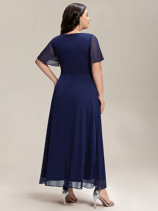 Short Sleeve Ruffle Deep V-Neck A-Line Maxi Dress with Slit Mother of the Bride Dresses