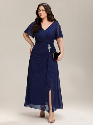 Plus Size Short Sleeve Ruffled Deep V Neck A-Line Slit Maxi Dress for Mother of the Bride