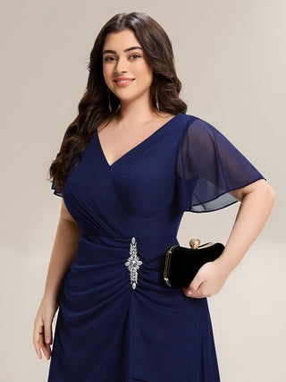 Plus Size Short Sleeve Ruffled Deep V Neck A-Line Slit Maxi Dress for Mother of the Bride