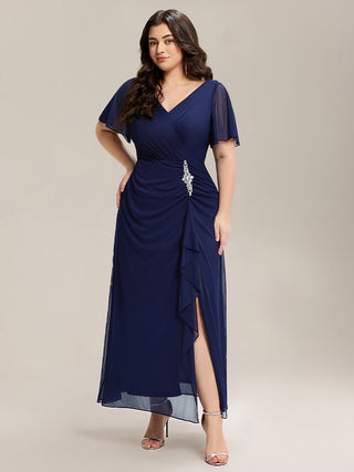 Plus Size Short Sleeve Ruffled Deep V Neck A-Line Slit Maxi Dress for Mother of the Bride