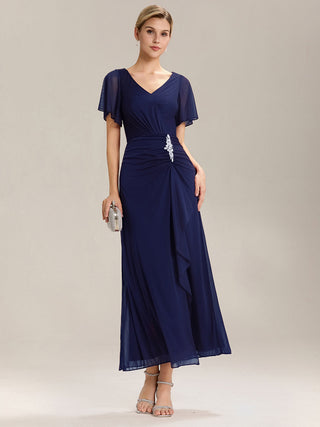 Short Sleeve Ruffle Deep V-Neck A-Line Maxi Dress with Slit Mother of the Bride Dresses