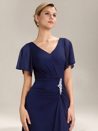 Short Sleeve Ruffle Deep V-Neck A-Line Maxi Dress with Slit Mother of the Bride Dresses