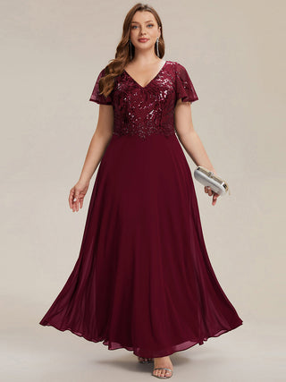 Short Sleeve Ruffle A-Line Maxi Dress with Deep V-Neck Appliques; Mother of the Bride Dresses