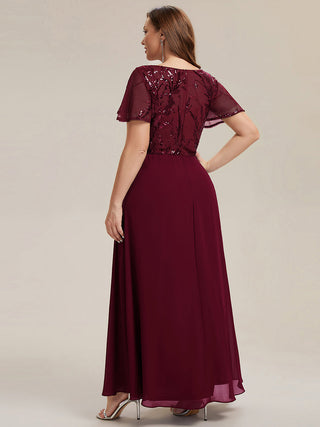 Short Sleeve Ruffle A-Line Maxi Dress with Deep V-Neck Appliques; Mother of the Bride Dresses