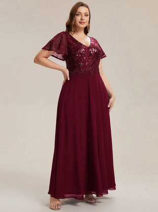 Short Sleeve Ruffle A-Line Maxi Dress with Deep V-Neck Appliques; Mother of the Bride Dresses
