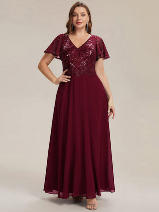 Short Sleeve Ruffle A-Line Maxi Dress with Deep V-Neck Appliques; Mother of the Bride Dresses