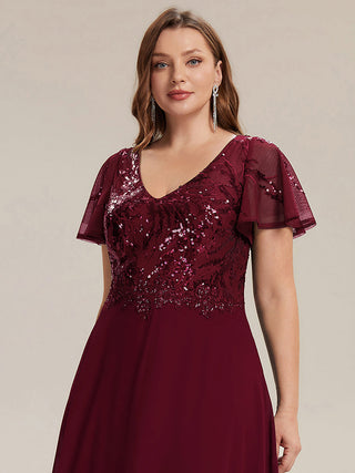 Short Sleeve Ruffle A-Line Maxi Dress with Deep V-Neck Appliques; Mother of the Bride Dresses