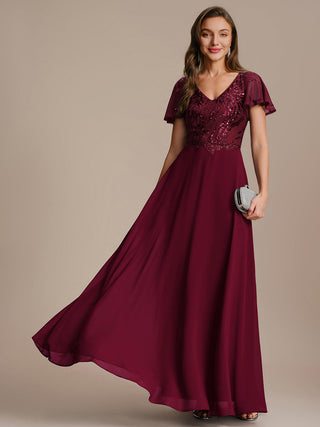 Short Sleeve Ruffle A-Line Maxi Dress with Deep V-Neck Appliques; Mother of the Bride Dresses