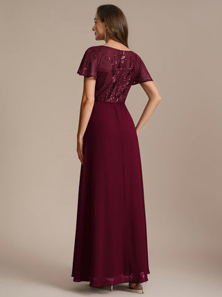 Short Sleeve Ruffle A-Line Maxi Dress with Deep V-Neck Appliques; Mother of the Bride Dresses