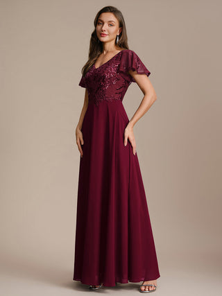 Short Sleeve Ruffle A-Line Maxi Dress with Deep V-Neck Appliques; Mother of the Bride Dresses
