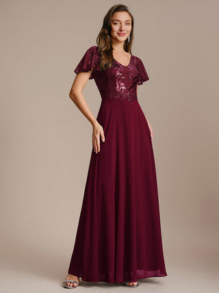 Short Sleeve Ruffle A-Line Maxi Dress with Deep V-Neck Appliques; Mother of the Bride Dresses