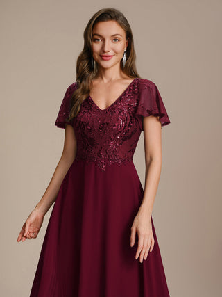 Short Sleeve Ruffle A-Line Maxi Dress with Deep V-Neck Appliques; Mother of the Bride Dresses