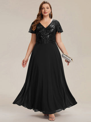 Short Sleeve Ruffle A-Line Maxi Dress with Deep V-Neck Appliques; Mother of the Bride Dresses