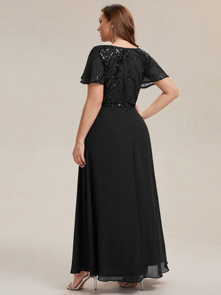 Short Sleeve Ruffle A-Line Maxi Dress with Deep V-Neck Appliques; Mother of the Bride Dresses