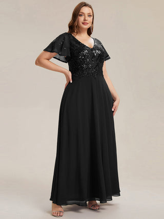 Short Sleeve Ruffle A-Line Maxi Dress with Deep V-Neck Appliques; Mother of the Bride Dresses