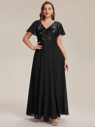 Short Sleeve Ruffle A-Line Maxi Dress with Deep V-Neck Appliques; Mother of the Bride Dresses