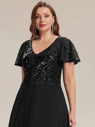Short Sleeve Ruffle A-Line Maxi Dress with Deep V-Neck Appliques; Mother of the Bride Dresses