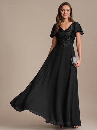 Short Sleeve Ruffle A-Line Maxi Dress with Deep V-Neck Appliques; Mother of the Bride Dresses